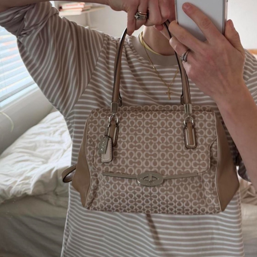 Coach 25638 Madison Madeline White and Gold Canvas Shoulder Bag